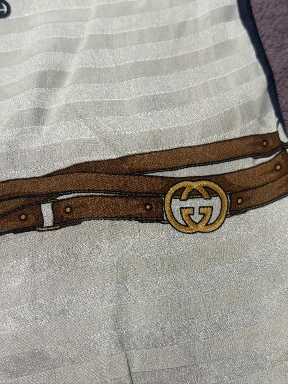 Gucci Ivory Scarf with Brown Belt Print and Navy Trim